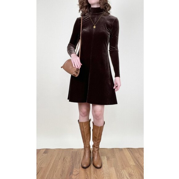 Vintage Velvet A-Line Midi Mini Dress Long Sleeve Preppy Quiet Luxury 80s 90s - Picture 6 of 6